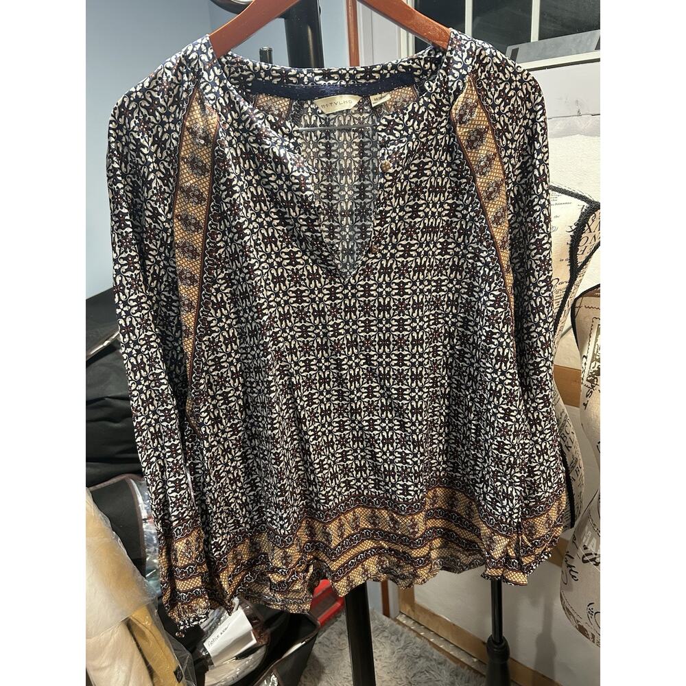 Anthropologie 11.1 TYLHO | MEDIUM | MULTI BLUE BROWN GOLD PRINT TOP | NWOT